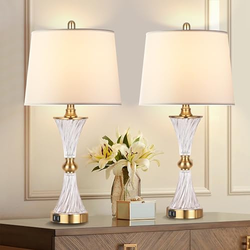 Set of 2 Touch Table Lamps for Bedroom Modern Living Room Set 3 Way Dimmable Gold Glass Bedside Lamp for End Table with 2 USB Charging Ports, Includes 2 Bulbs