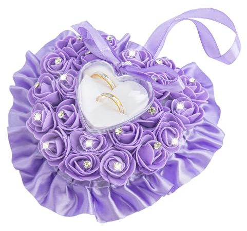AUEAR, Purple Wedding Ring Pillow Heart Shape Box Lace Crystal Ribbon Holder for Ceremony Supplies