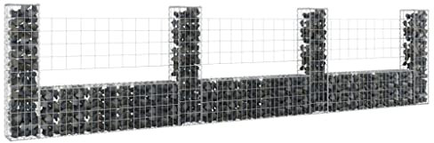 Mauergitter-Set für Gabionen, Gabionen-Mauer mit 4 Säulen Eisen Steinkörbe Gabionenkörbe mit 5 x 10 cm engmaschigem Gitter, 380 x 20 x 100 cm, Gartendeko Pflanzenwand, Silber