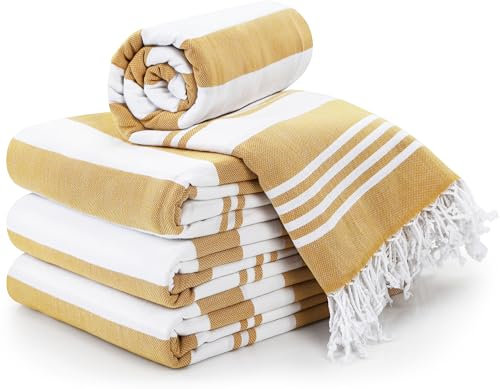 Utopia Towels Türkisches Strandtuch, 100 % Baumwolle, übergroß, sandfrei, leicht, schnell trocknend, vorgewaschen für weiches Gefühl, Pestemal-Handtuch für Reisen, 102 x 183 cm, Gelbbraun, 4 Stück