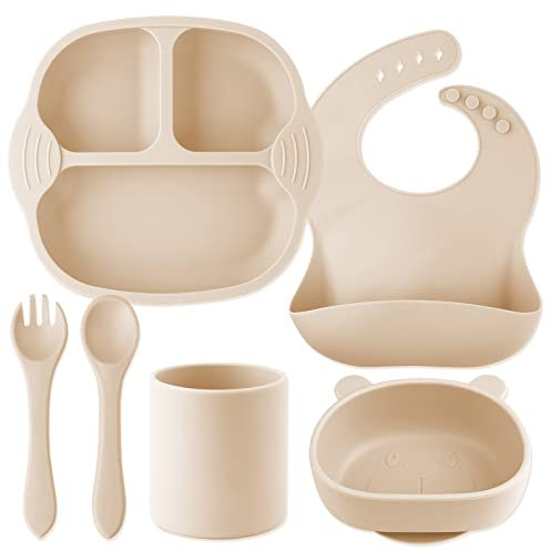 Kinderteller Sets Silikon, 6 Stücke Geschirr Rutschfest mit Saugnapf BabyTeller, Schüssel, Einstellbar Lätzchen, Tasse, Löffel Gabel, BPA Freie Spülmaschine und Mikrowelle Safe (Natural)