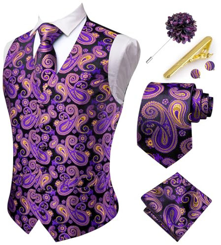Hi-Tie Herren Anzug Weste und Krawatte Set formelle Weste V-Ausschnitt Paisley Weste und Krawatte Einstecktuch Manschettenknöpfe Set für Hochzeit, violett/schwarz, Large