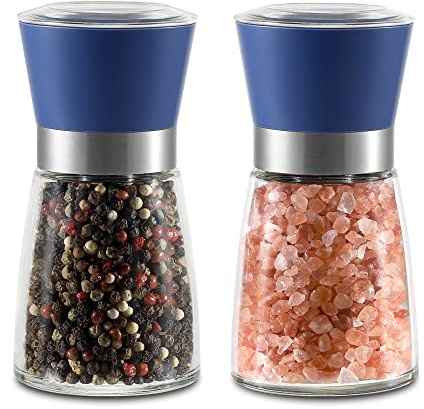 Vzaahu Salt and Pepper Grinder Set Blue | Refillable Small Seasalt & Peppercorn Shakers Adjustable Coarseness, Ceramic Burr Glass Peppermill, Transparent Lid