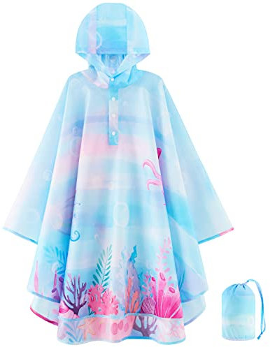 WAWSAM Leichte Kinders Regenponcho Wiederverwendbar Mädchen Regenmantel mit Kapuze Wasserdichter Regenponcho für Kleinkinder Atmungsaktiv Regencape mit Meerjungfrauen Muster