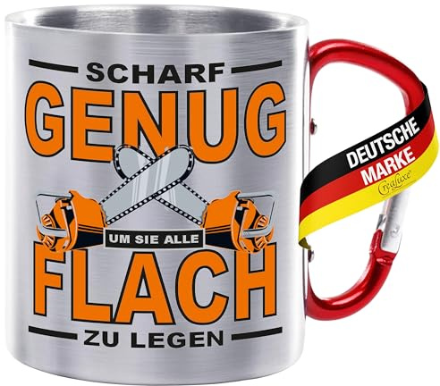 Edelstahltasse mit Karabiner - Scharf genug um sie alle Flach zu legen - 330ml, Blechtasse, Campingtasse, Kaffeetasse mit Motiv, Bürotasse, bedruckte Tasse lustigem Spruch