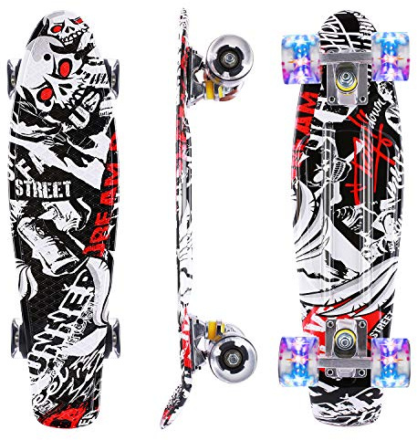 COOCHEER – Skateboard, 55 cm, mini cruiser skateboard med 60 mm polyuretanhjul, komplett med ABEC-7-lager, retrostil
