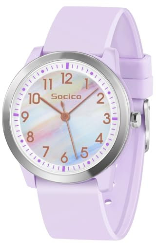 SOCICO Montre Analogique pour Enfant Garçon Fille, 5ATM/50M Étanche Facile à Lire Quartz Minimaliste Montre pour Enfants de 8 à 18 Ans (Violet Irisé)