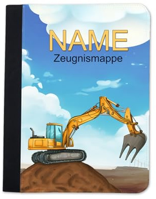 Maus-Design Zeugnismappe personalisiert Bagger mit Name | Mit Klarsichthüllen A4+, Urkundenmappe, Dokumentenmappe