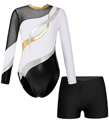 iEFiEL Mädchen Turnanzug Langarm Gymnastik Trikotanzug Glänzende Turnen Set Klassisch Gymnastikanzug Kinder Tanzbody Za Weiß 146-152