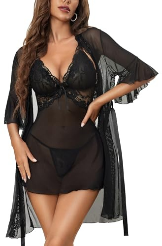 RSLOVE - Lencería sexy de encaje para mujer, babydoll tipo camisón con bata, vestido de noche para dormir, Negro, XXL