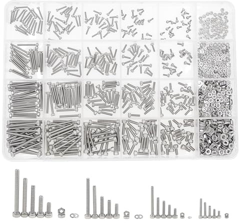 HVAZI Metric 1050PCS M1.4 M1.6 M2 M2.5 304 Stainless Steel Knurl Socket Head Cap Screws Hex Nuts Flat Washers Assortment Kit