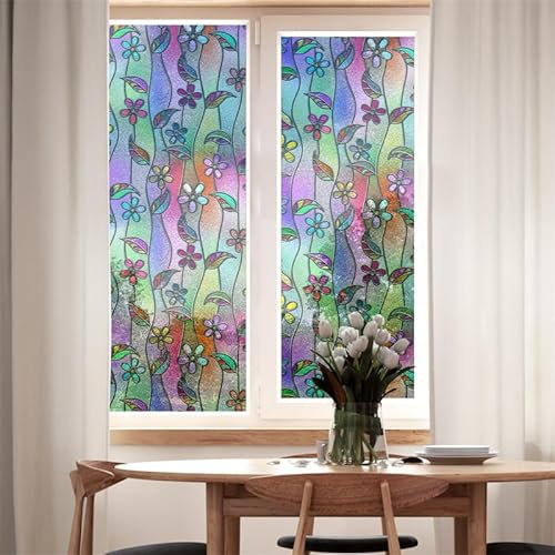 Sichtschutzfolie 3D Fensterfolie Glasdekorfolie PVC für Badezimmer Kinderzimmer Küche,Schlafzimmer Wohnzimmer Esszimmer Büro Hotels Klassenzimmer 44.5cmx300cm Farbenfrohe Blumen