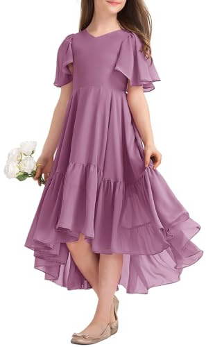 Haloumoning Girls' Summer Dress, V-Neck Ruffle Dresses, Casual A Line Flowy High Low Long Party Dress,Elegant Birthday Evening Dress, Purple, 130 cm