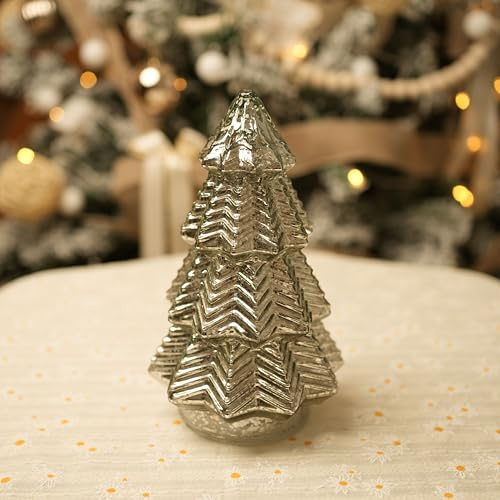 Weihnachtsbaum aus silbernem Quecksilberglas mit dynamischem, Buntem Licht, Weihnachtstischdekoration, beleuchteter Weihnachtsbaum mit Timer für Wohnzimmer, Kaminsims, Tischparty – 20 cm hoch
