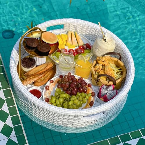 BOKNI Schwimmender Tabletttisch für den Swimmingpool, runder schwimmender Stehtisch, schwimmender Getränkehalter für Strandpartys, schwimmender Teller für Essen auf dem Wasser, weiß-80 cm
