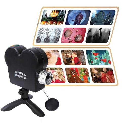 SXLXFLPDR Halloween & Christmas Window Projector, 12 Built-in Movies, Black, Slide Display, HDMI, VGA, USB, Touch Control