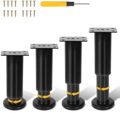 Izrielar 4er Möbelfüße Set,möbelfuß verstellbar12-18cm,Stahl Tischbeine,Vergrößerte Basis.Mit 16 Pcs Schrauben + 1 Pcs Schraubendreher,für Möbel Sofa Bett Nachttisch Schrank Kabinett(Schwarz)