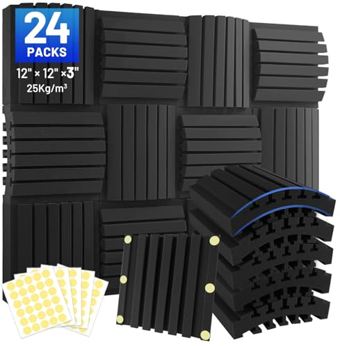 Focusound 24 Pack Curved Acoustic Foam Panels 3 x 12 x 12 Sound Proof Foam Panels Soundproofing Noise Cancelling Wedge Panels for Home Office Recoding Studio with 150 PCS Double-Side Adhesive
