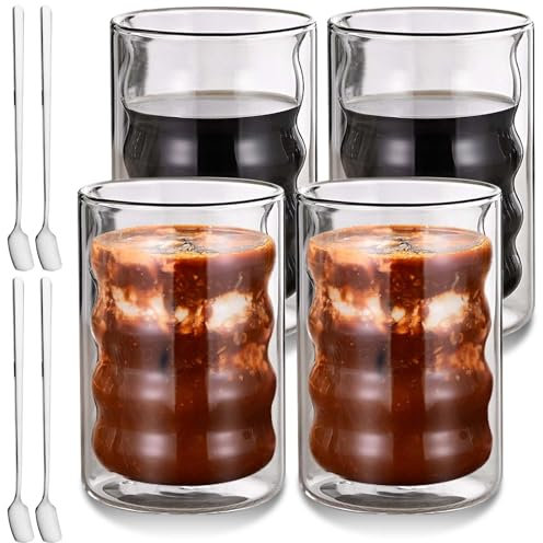 Asfrode Latte Macchiato Doppelwandige Gläser Set, 4 x 400ml Kaffeegläser mit 4 Löffeln Spiralförmig Espressotassen Cappuccino Tassen Thermogläser Teegläser aus Borosilikatglas für Tee Milch