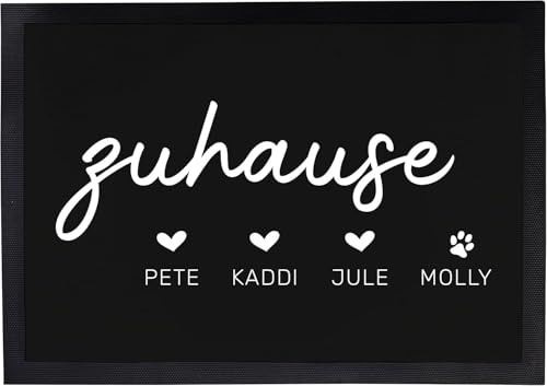 Personalisierte Fußmatte | Türmatte mit Name Bedruckt | Haustür Matte für Paare & Familien mit Haustier | Herz | Pfoten Abdruck für Katze und Hund | 40 x 60 cm (Zuhause Namen)