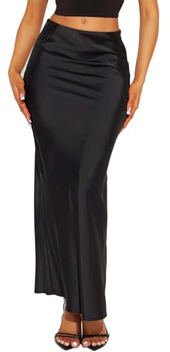 TZLDN Women Midi Skirt Satin Maxi Skirt High Wasited Skirts Silk Flowy Fall Winter Black L