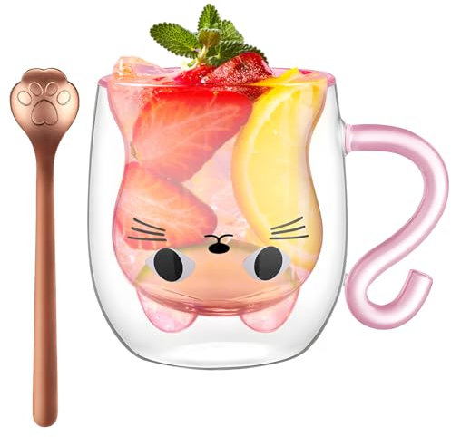 XiXiRan Doppelschicht Glas Tasse, Doppelwandige Isoliergläser Katze, Espresso Tasse, Süße Kaffeeteegläser, Katze Doppelwandig (200ML)