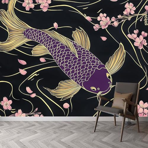 Carta da parati in stile tradizionale giapponese con fiori di pesce, arte giapponese, carta da parati decorativa per soggiorno, camera da letto, carta da parati fotografica, 200 x 140 cm (larghezza x