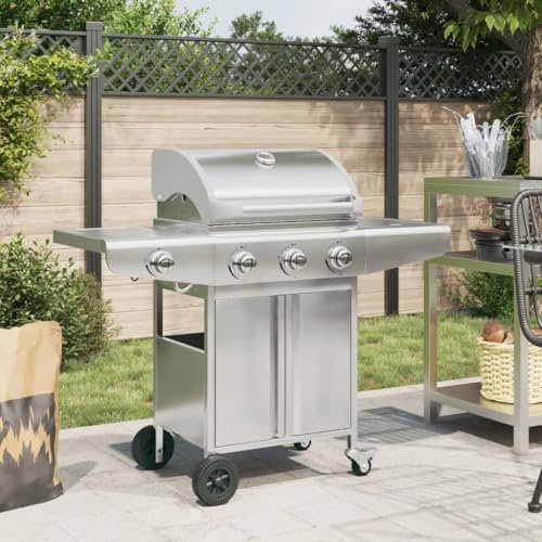 Homgoday Barbecue Gril à Gaz avec 4 Brûleurs argenté Acier Inoxydable, Barbecue Grill d'Extérieur, BBQ à Charbon Smoker Fumoir pour Viande, Poisson, Fromage Cuisine extérieure B