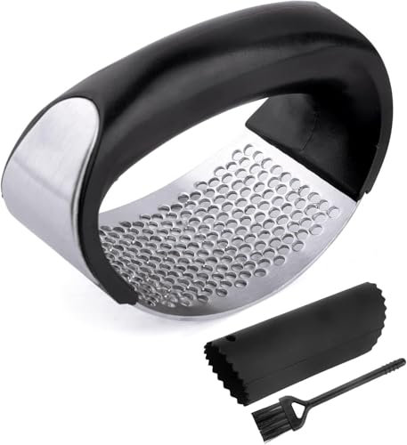 Soft Life Stainless Steel Garlic Press Rocker – Ergonomic Crusher for Garlic & Ginger with Cleaning Brush + Silicone Peeler – Dishwasher Safe, Easy Use & Compact Storage