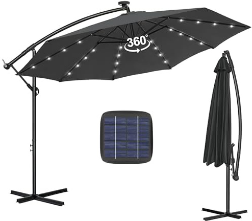 Sonnenschirm 3.5m Abdeckung Ø 350 cm, Gartenschirm Groß mit Kurbel, UV-Schutz 40+, Windfest, Kurbelschirm 360° Drehbar, Zusätzlich für Abendliche Nutzung, Strandschirm für Garten-Terrasse, Dunkelgrau