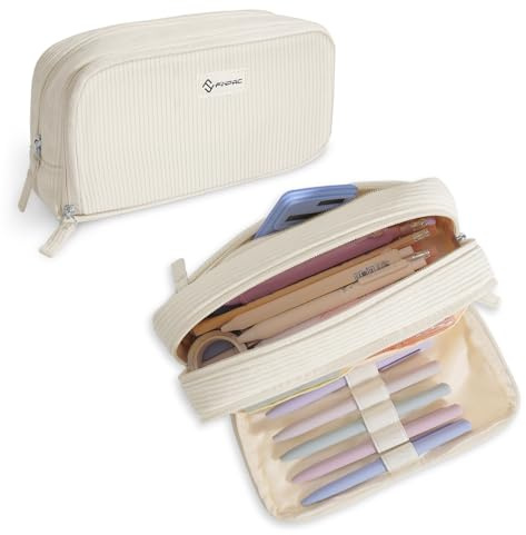 FINPAC Federmäppchen, Federtasche aus Cordstoff Große Kapazität Mäppchen mit 3 Fächern Pencil Case Stiftetasche Schlamperbox Bleistifttasche Schulmäppchen für Schule & Büro, (Beige)