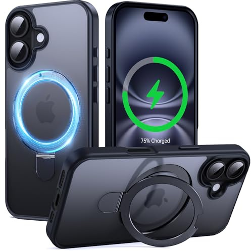 Supdeal Magnetic Stand Case for iPhone 16 with Invisible Ring Kickstand [Compatible with MagSafe] [Military Drop Protection] Shockproof Protective Translucent Matte Phone Cover, 6.1'', Black