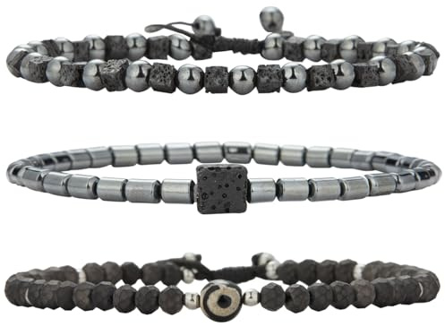 Dazylleco Bracciale Uomo Set Braccialetti in Pelle e Corda Intrecciata e Perline Bracciale Multistrato Regolabile Gioielli Regalo per Festa del Papà(82-Grey Eye)
