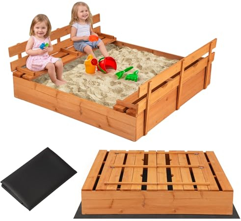 DREAMADE Sandkasten aus Tannenholz, Kinder Sandkasten mit umwandelbaren Sitzbänken & offener Boden mit Auskleidung, 125 x 118 cm Außensandkasten für Garten, Terrasse, Strand