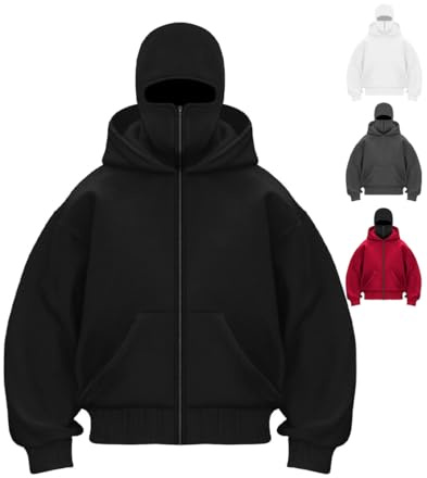 RIZUNTO Felpa con Cappuccio Ninja Passamontagna Y2K Cerniera da Uomo Motocicletta Antivento Giacca Oversize Casual con Maschera