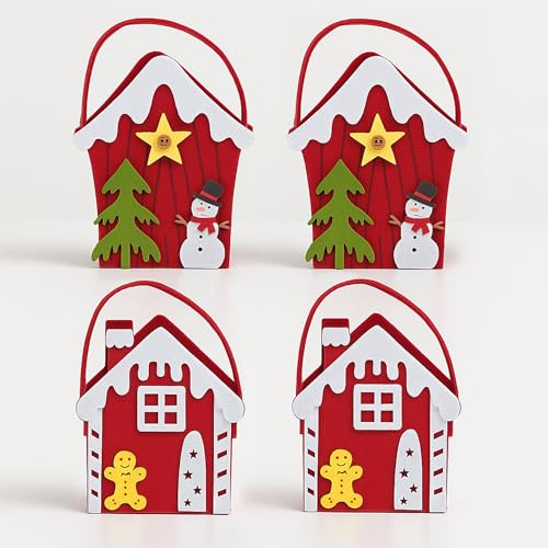 Weihnachtliche Filztaschen 4er Set – Geschenkverpackung Weihnachten & Nikolaus – Wiederverwendbare Geschenktüten in 2 Größen – Filzbeutel mit Schneemann, Tannenbaum & Lebkuchenmann