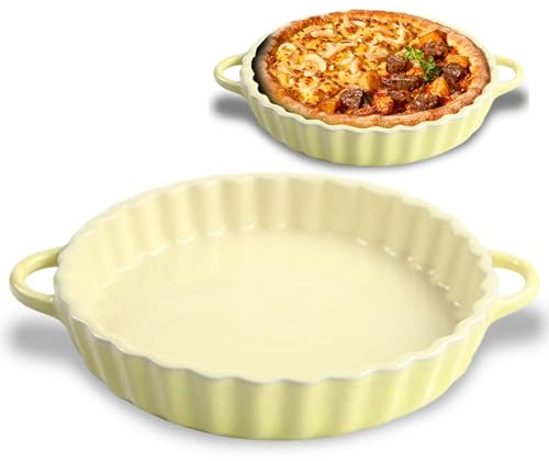LUPATDY Keramik Auflaufform 25,5 x 4 cm, Backform Rund, Keramik Backformen mit Griffen für Pie, Quiche, Tartes, Pizza, Auflaufformen Rund für Heißluftfritteuse, Backofen, Mikrowellenherd Gelb