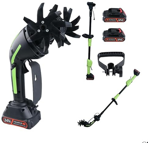 24V 2-in-1 Cordless Tiller Cultivator, 4-Inch Tilling Width and Depth, Handheld with Extension Rod, 235 RPM Electric Garden Tiller, Lightweight 1.2kg Body, 2 × 1.5Ah Batteries & Charger (24V-Green)