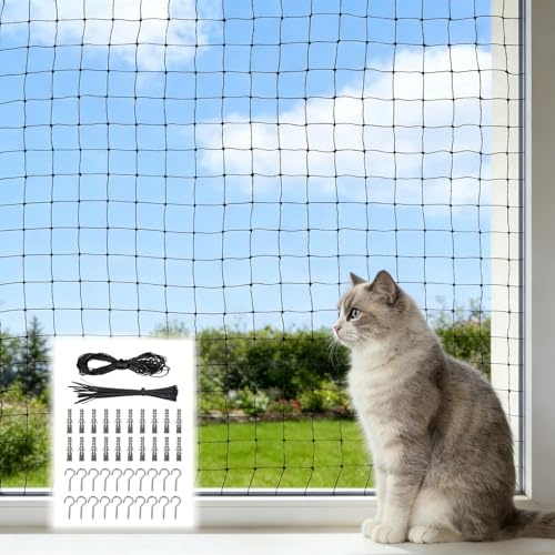 Molirex kattnät för balkong, 3 x 6 m, nylon, balkongnät för katter, kattskyddsnät med fästlina, spikar och buntband för fönster, terrass, balkong (svart)