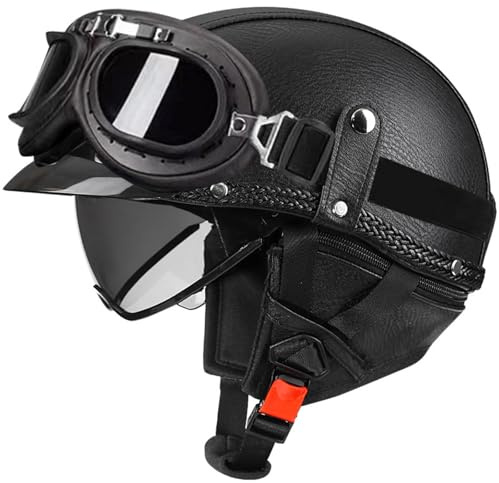 Herren Damen Halbschalenhelm Jethelme Retro Motorradhelm Scooter Helm DOT/ECE-Zugelassen Halbhelme Lederhalbhelm Mit Schutzbrille Für Motorrad Roller E-Bike Mofa Moped