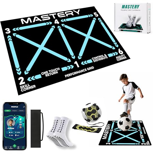 Mastery Skills, tappetino da allenamento per calci e calci con app Mastery – Tappetino da allenamento per i piedi, 90 x 60 cm, regalo per bambini, controllo della palla