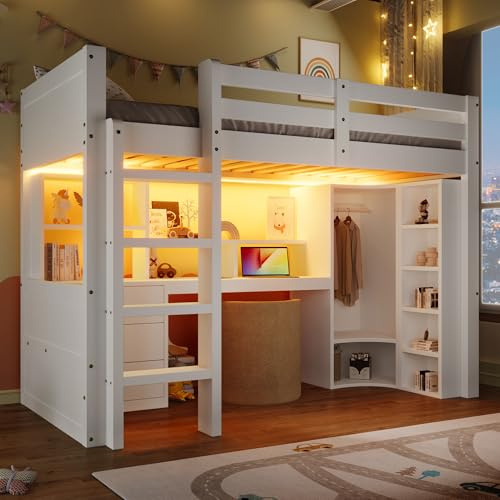 vutizal Hochbett 90x200 cm mit Schreibtisch, Schrank & LED | Weiß | Stauraumbett mit integrierter Beleuchtung | Für Kinder- und Jugendzimmer