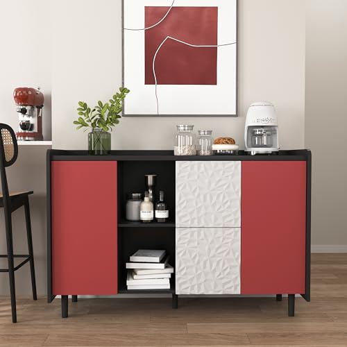 HUQIQWE Credenza Cucina Nero Ante Blu 120 Cm Coffee Bar Pannello Design 2 Cassetti 2 Vani Aperti Armadio Chiuso MDF Per Cucina Living Sala Da Pranzo Mobile Cucina Madia Soggiorno Moderna
