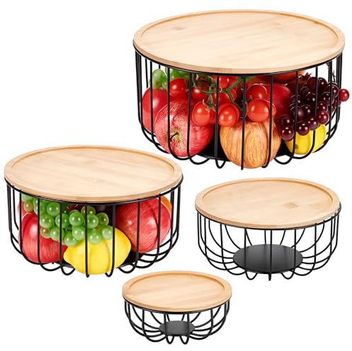 INTERWARM Obstkorb Set, Obstschale Schwarz, 4 Stück mit Holzdeckel | 4 Größe Obstkorb Mit Holzdeckel Küchenabfalleimer Für Obst Und Gemüse (Zitronen) Banane Süßigkeiten Snack Im Büro (Schwarz)