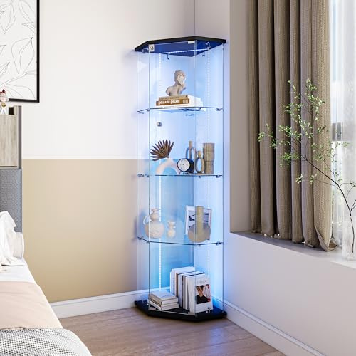 Hoscullo Eckvitrine Glasvitrine mit LED und Schloss, Moderne Standvitrine aus gehärtetem Glas, Platzsparende Vitrine Wohnzimmer stehend für Figuren Modelle Pokale Sammlervitrine (Schwarz)