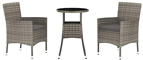 pokgdf Robustes Bistro Set mit Stahlrahmen, 3-TLG. Gartenmöbel Bistro Set PE Rattan grau mit Garten Bistrostühlen und gepolsterten Kissen, wetterfestes für den Garten