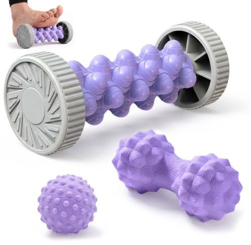 Dexpally 3 Piezas Rodillo Fascitis Plantar, pelota masaje pies, Rodillo Masajeador Pies Pelota Masaje Fascitis Plantar para Alivio de Fascitis Plantar, Dolor de Arco y Estrés. (Morado)