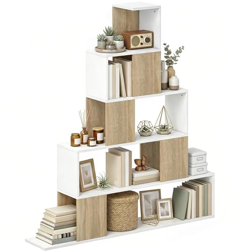 HOMCOM Libreria Cubo, Scaffale a 5 Ripiani con Design a Gradini, Libreria Geometrica per Soggiorno, Studio, Camera da Letto, Bianco e Naturale