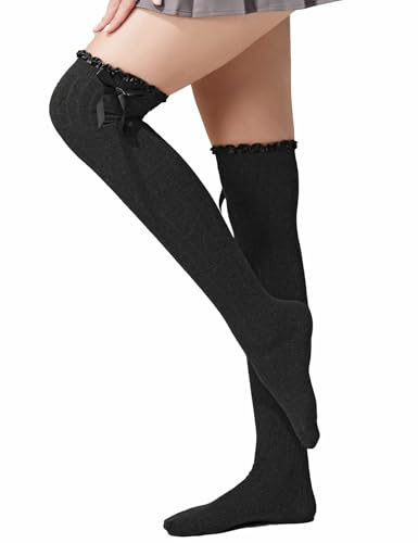 TOCONFFON Women's Girls Thigh High Stockings Over the Knee Socks with Satin Bows(Black,One Size)