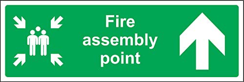 Fire assembly point directional arrow up Safety sign - Self adhesive sticker 300mm x 100mm